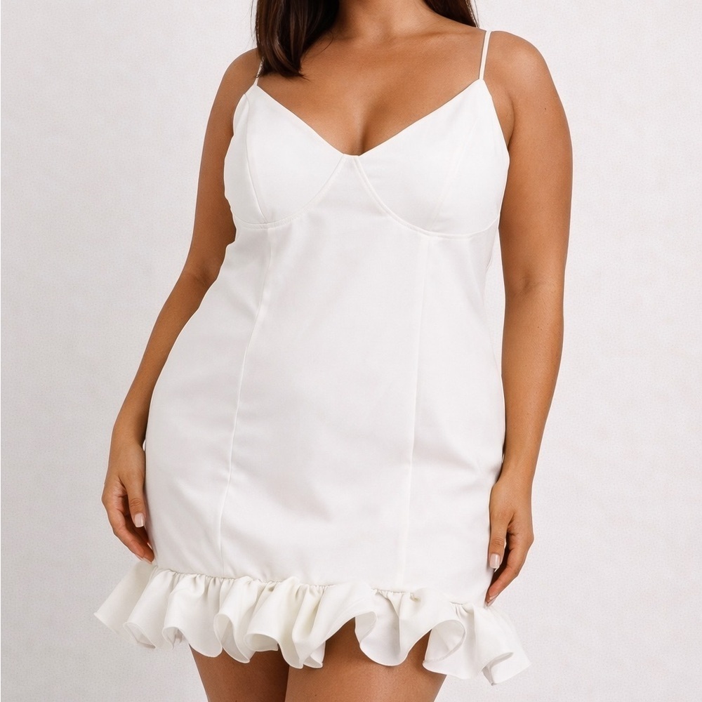 PrettyLittleThing White Mini Dress US 12 Ruffle Hem Cami Bodycon